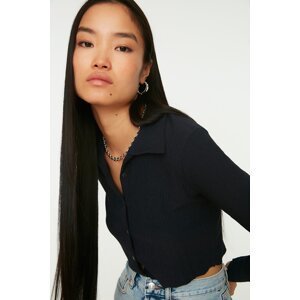 Trendyol Navy Blue Buttoned Fitted Polo Neck Wrap/Textured Crop Knitted Blouse