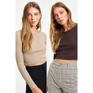 Trendyol Brown-Beige 2-Pack Fitted Wide Neck Ribbed Stretchy Crop Knitted Blouse
