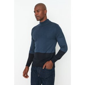 Trendyol Navy Blue Men's Slim Fit Half Turtleneck Paneled Knitwear Sweater