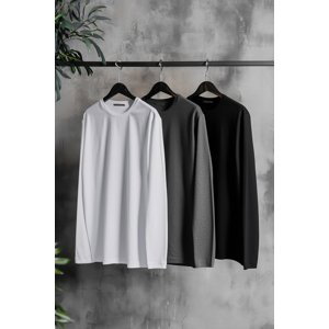 Trendyol Anthracite-White-Black Men's Regular/Normal Fit Long Sleeve 3-Pack Basic 100% Cotton T-Shirt