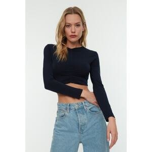 Trendyol Navy Blue Slim Gather Detailed Crop Stretchy Knitted Blouse