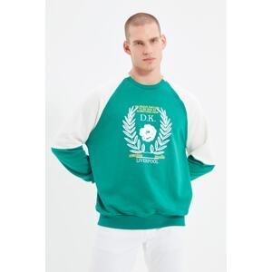 Trendyol Men's Emerald Green Oversize/Wide-Fit Crew Neck Sleeve Paneled Printed Sweatshirt