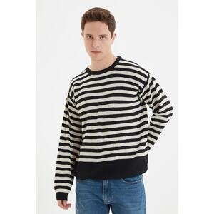 Trendyol Men's Black Oversize Fit Wide Fit Crew Neck Striped Knitwear Sweater