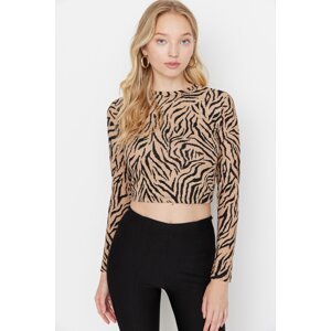 Trendyol Multicolor Patterned Fitted/Situated Crew Neck Crop Stretch Knitted Blouse