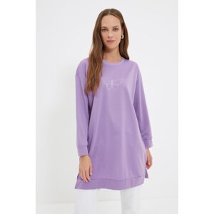Trendyol Lilac Crew Neck Slit Detail Printed Knitted Sweatshirt