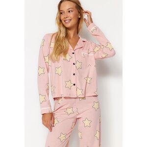 Trendyol Powder 100% Cotton Star Printed Shirt-Pants Knitted Pajamas Set