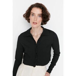 Trendyol Black Buttoned Fitted/Situated Polo Neck Crepe/Textured Crop Knitted Blouse