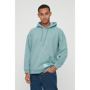 Trendyol Basic Mint Men's Oversize/Wide-Fit Hooded Labeled Fleece Cotton Sweatshirt