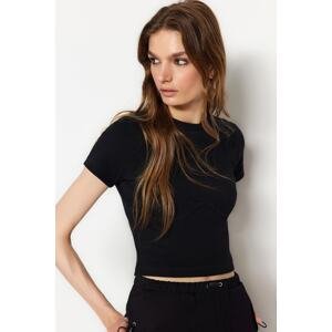 Trendyol Black Piping Detailed Crew Neck Crop Ribbed Elastic Knitted Blouse