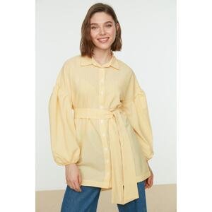 Trendyol Yellow Striped Belted Balloon Back Sleeve Long Woven Shirt