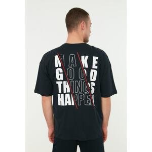Trendyol Navy Blue Men's Oversize Text Printed 100% Cotton T-Shirt