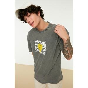 Trendyol Anthracite Men's Relaxed/Comfortable Fit Wearing/Faded Effect Text Printed 100% Cotton Short Sleeve T-Shirt