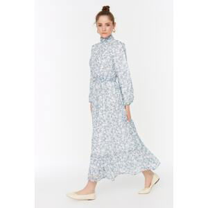 Trendyol Blue Floral High Neck Waist Detailed Lined Chiffon Woven Dress