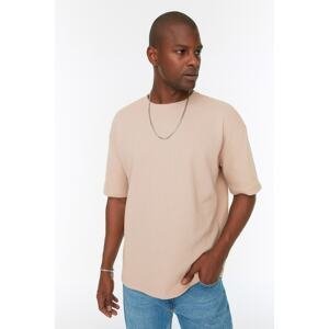 Trendyol Men's Camel Oversize/Wide-Fit Crew Neck Short Sleeve Basic Textured T-shirt