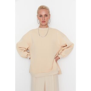 Trendyol Beige Oversize/Wide Fit With Slit Detail, Fleece Inside Knitted Sweatshirt