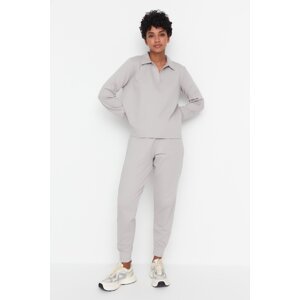 Trendyol Gray Regular/Normal Fit Polo Neck Thin Knitted Tracksuit Set
