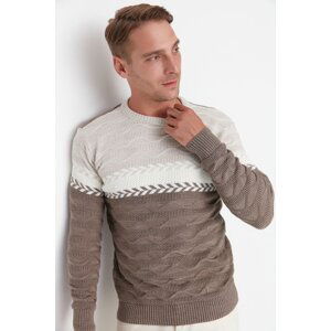 Trendyol Mink Men's Slim Fit Crew Neck Color Block Jacquard Detailed Knitwear Sweater