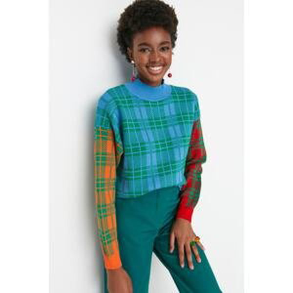 Trendyol Green Checkered Color Block Knitwear Sweater