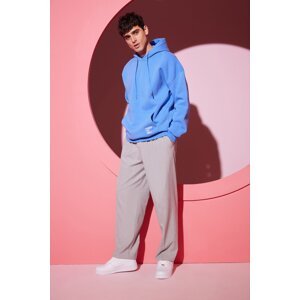 Trendyol Men's Basic Blue Oversize/Wide-Fit Hooded Labeled Fleece Cotton Sweatshirt
