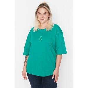 Trendyol Curve Green Wide Pattern Embroidered Knitted T-Shirt