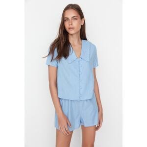 Trendyol Blue 100% Cotton Collar Detailed Shirt-Shorts Woven Pajama Set