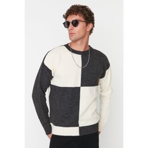 Trendyol Ecru - Anthracite Men's Oversize Fit Wide fit Crew neck Color Block Knitwear Sweater