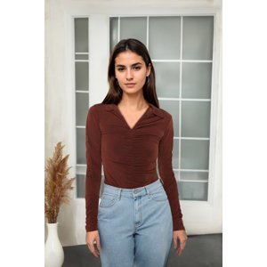 Trendyol Brown Slim Gathered Polo Neck Flexible Knitted Blouse