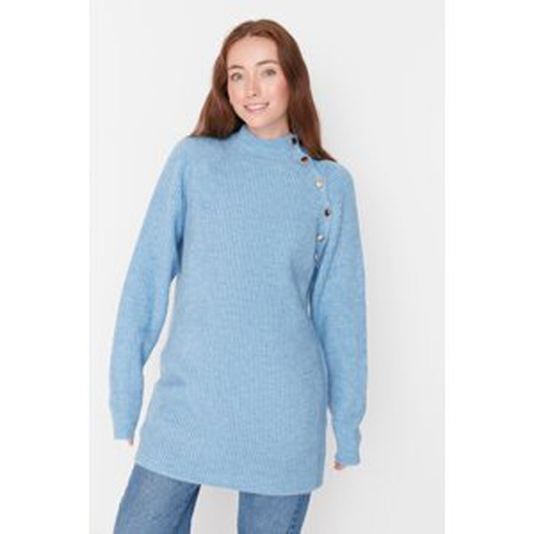 Trendyol Light Blue Stand-up Collar Buttoned Knitwear Sweater
