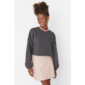 Trendyol Smoked Thick Fleece Comfort Cut Crop Sleeve Printed Knitted Sweatshirt