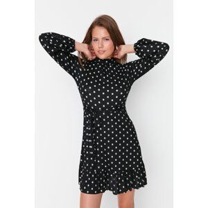 Trendyol Black Flounce and Decollete Decollete Skater/Waist Printed Ribbed Mini Knitted Dress