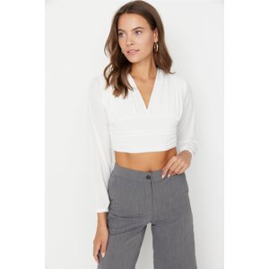 Trendyol White Drape Detail Fitted V Neck Crop Elastic Knitted Blouse