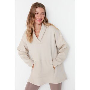 Trendyol Beige Oversized and Hooded Thick Fleece Sports Sweatshirt