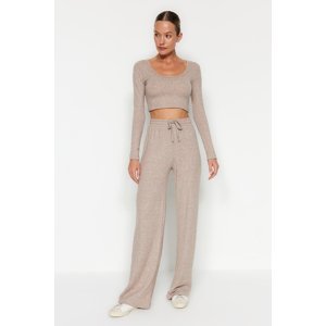 Trendyol Beige Soft Crop and Wide Leg / Wide Leg Knitted Top and Bottom Set