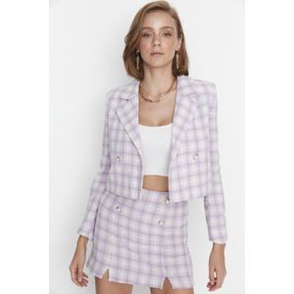 Trendyol Lilac Crop Woven Plaid Jacket