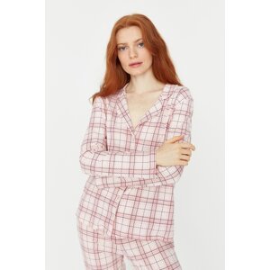 Trendyol Pink 100% Cotton Plaid Shirt-Pants Knitted Pajama Set