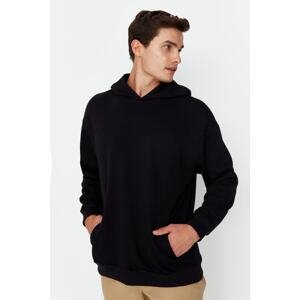Trendyol Men's Black Oversize/Wide-Fit Hooded Tiny Embroidery Detailed Thick Sweatshirt