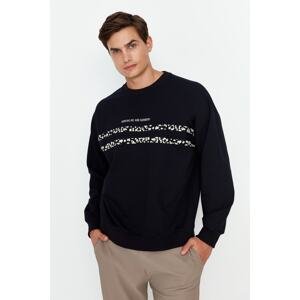 Trendyol Men's Navy Oversize/Wide Fit Crew Neck Text Printed Sweatshirt