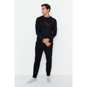 Trendyol Men's Black Slogan Printed 2-Thread Knitted Pajamas Set