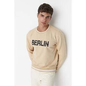 Trendyol Men's Beige Relaxed Crew Neck Text Printed Sweatshirt