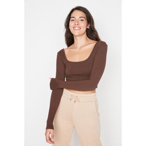 Trendyol Dark Brown Seamless Crop Extra Stretchy Square Neck Sports Blouse