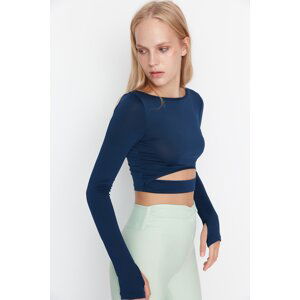 Trendyol Dark Navy Blue Crop Window/Cut Out and Thumb Hole Detail Sports Blouse