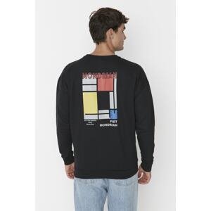 Trendyol Men's Black Oversize Crew Neck Mondrian Art Licensed Soft Feathered Inner Sweatshirt