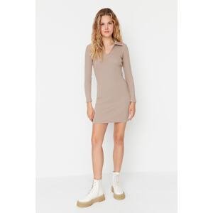 Trendyol Stone Fitted Polo Neck Mini Ribbed Flexible Knitted Dress