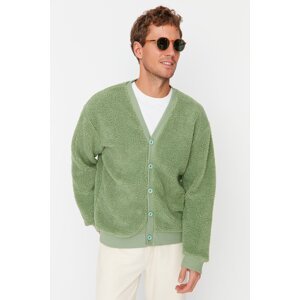 Trendyol Men's Green Relaxed Fit V-Neck Buttoned Plush Thick Cardigan