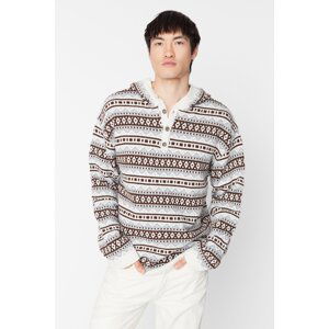 Trendyol Beige Men's Oversize Fit Wide Fit Hooded Jacquard-Knitwear Sweater.