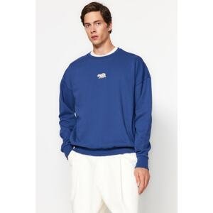Trendyol Men's Navy Blue Oversize/Wide-Fit Fit Crew Neck Animal Embroidery Fleece Sweatshirt
