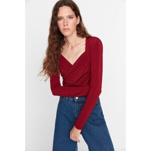 Trendyol Burgundy Waistband Draped Detailed Fitted/Situated Flexible Snaps Knitted Bodysuit