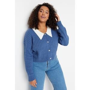 Trendyol Curve Indigo Ribbed Collar Detailed Buttoned Knitwear Cardigan