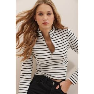 Trend Alaçatı Stili Women's White Striped Zipper Front Ribbed Half Turtleneck Blouse