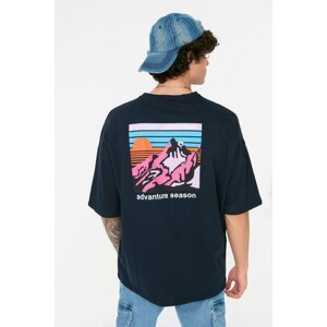 Trendyol Navy Blue Men's Oversize/Wide Cut 100% Cotton Crew Neck Short Sleeve Printed T-Shirt